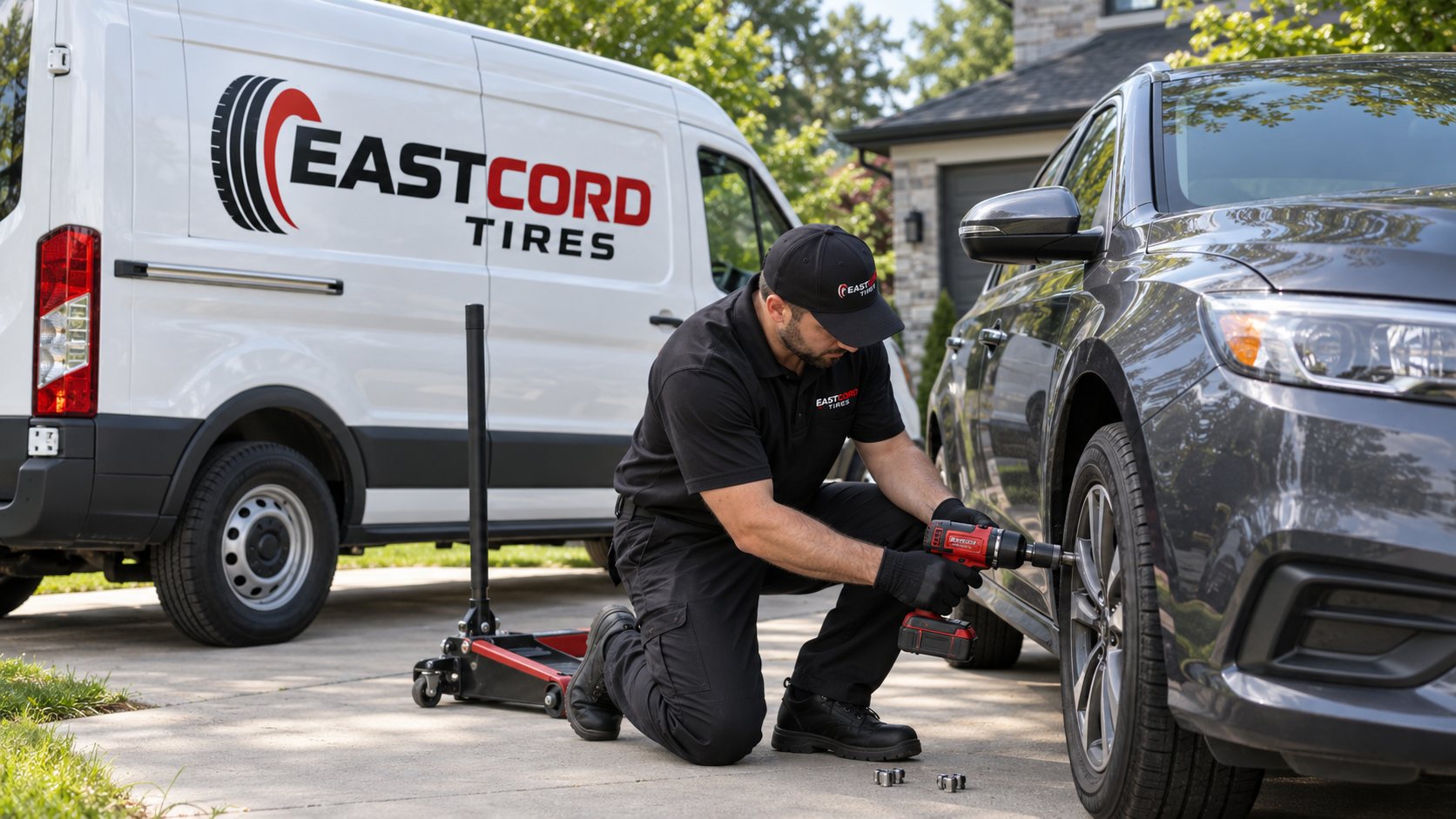 EastCord mobile tire technician servicing a passenger vehicle beside an EastCord service van