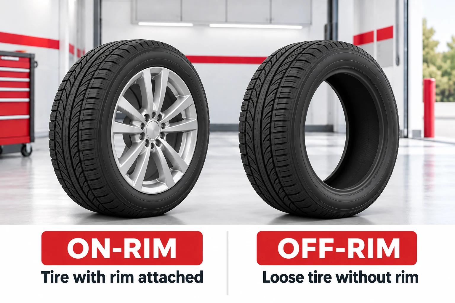 Comparison of an on-rim tire with a wheel attached and an off-rim loose tire without a wheel.